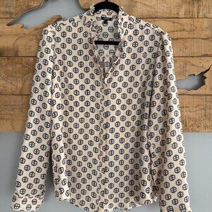 Silky Portofino Shirt from Express - Cream with Black Pattern, Size Large